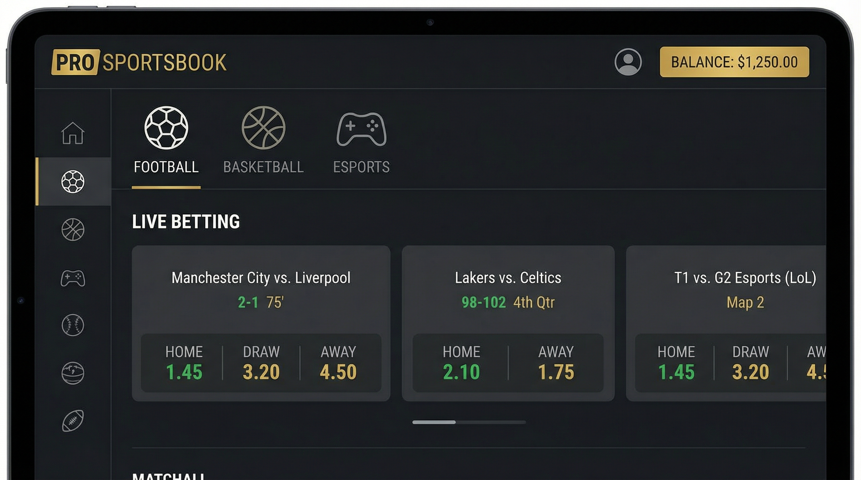 体育投注界面显示足球篮球电竞赛事赔率